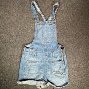 Madewell Denim Shrortalls Overalls Shorts Jean Frayed Raw Hem Buckle Straps XS